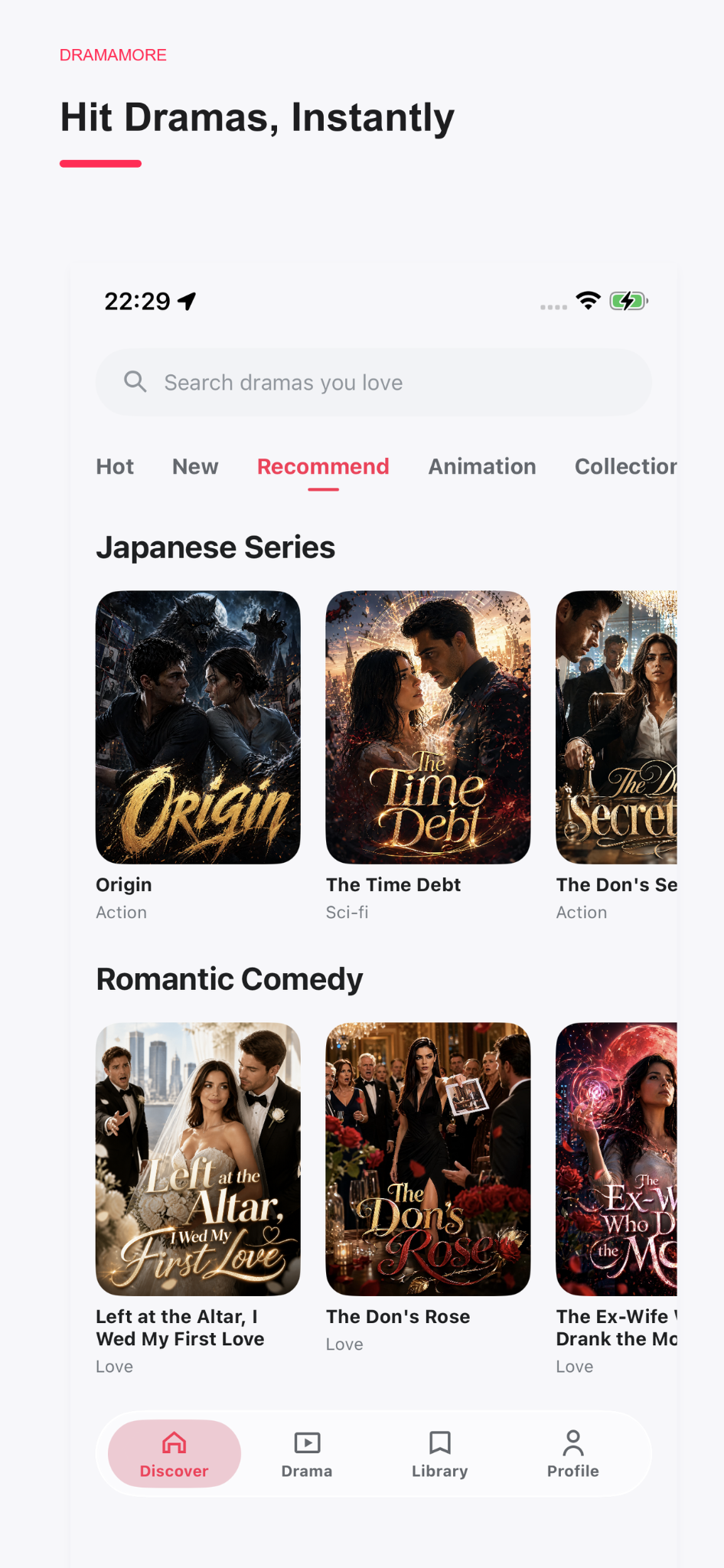 DramaMore Discover recommendations screen