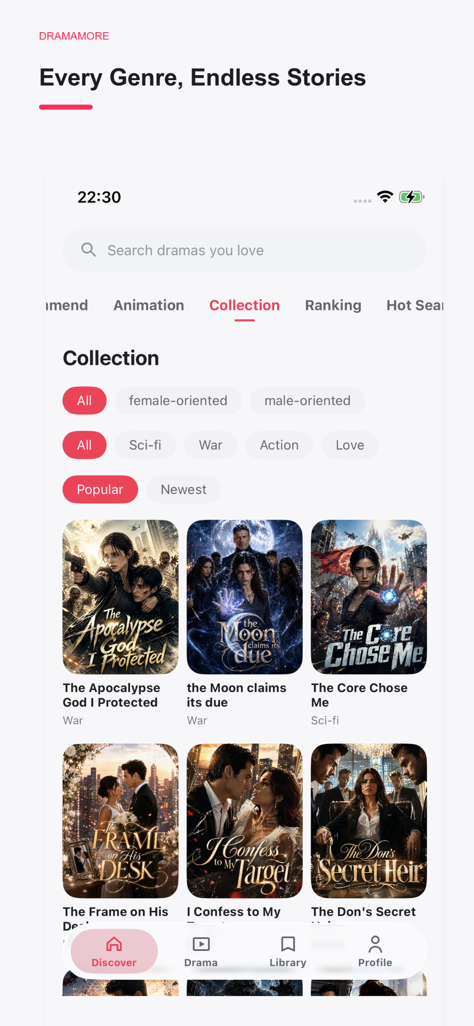 DramaMore genre collection screen